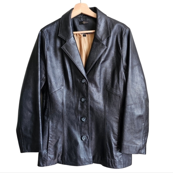 Wilson's Leather Black 90s Y2K Button Down Blazer Jacket Size large - Picture 1 of 6